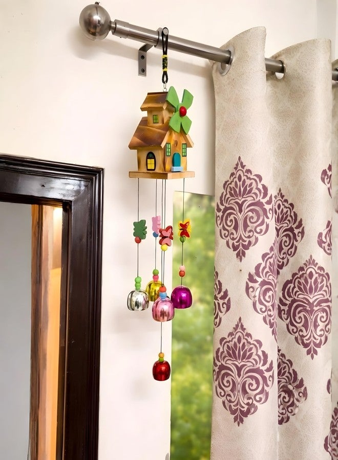 sculpmart Wooden Home Shape Wind Chime with Windmill - 5 Multicolour Bells for Home & Balcony | Gifting & Home Decoration with Melody Sound (Multicolour 5 Bell) - Image 2